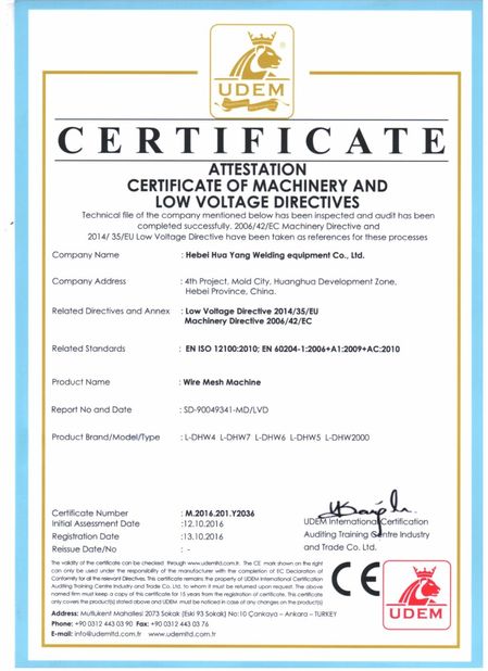 China Hebei Huayang Welding Mesh Machine Co., Ltd. Certificaten